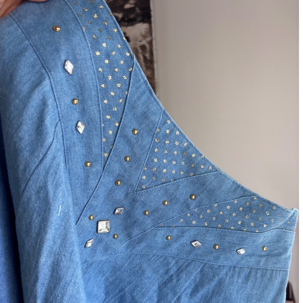 Vintage City Girl Nancy Bolen Long Denim Skirt Size 14 Rhinestone Western Boho - Picture 7 of 9